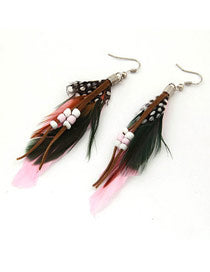 E844 Pink & Black Feather Tassel Bead Earrings - Iris Fashion Jewelry