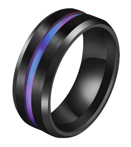 R413 Black with Iridescent Stripe Titanium & Stainless Steel Ring - Iris Fashion Jewelry