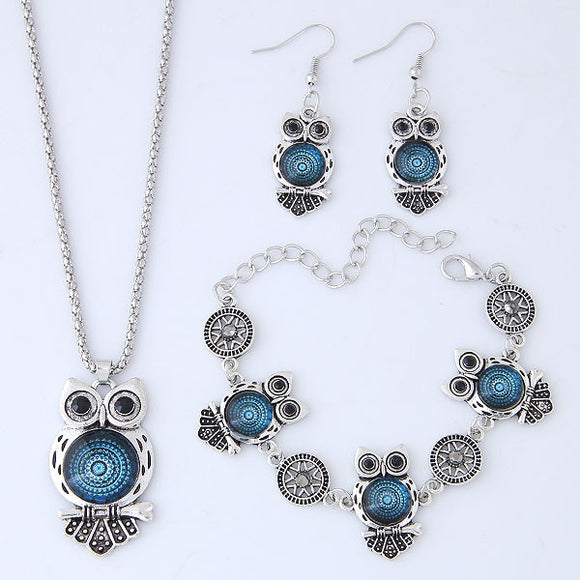 **N855 Silver & Blue Gem Owl Necklace with FREE Earrings & FREE Bracelet - Iris Fashion Jewelry