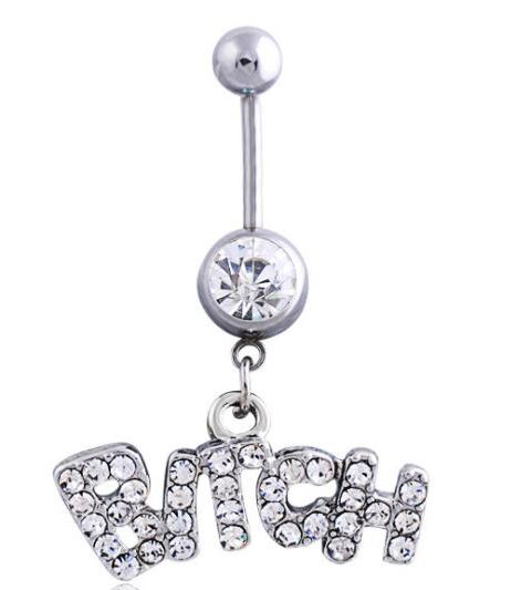 P90 Silver & Crystal Gem Bitch Belly Button Ring - Iris Fashion Jewelry