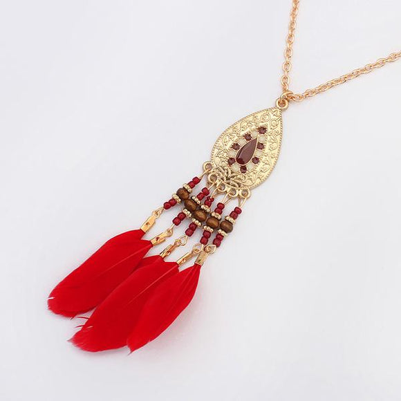 N1124 Red Feather Tribal Baked Enamel Bead & Tassel Necklace with FREE Earrings - Iris Fashion Jewelry