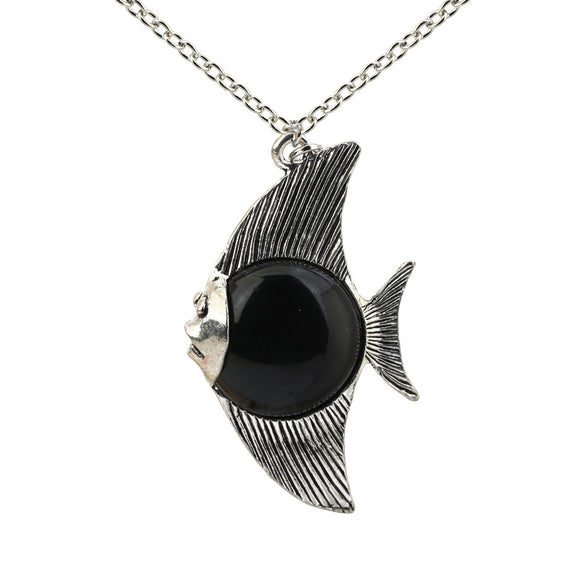 *N1144 Silver & Black Fish Necklace with FREE Earrings - Iris Fashion Jewelry