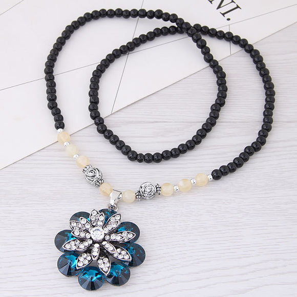 N1135 Silver Crystal & Blue Gem Flower Beaded  Necklace with FREE Earrings - Iris Fashion Jewelry