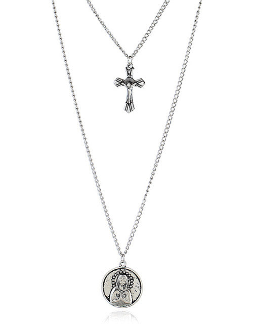 N922 Silver Religious Double Chain Necklace with FREE Earrings - Iris Fashion Jewelry