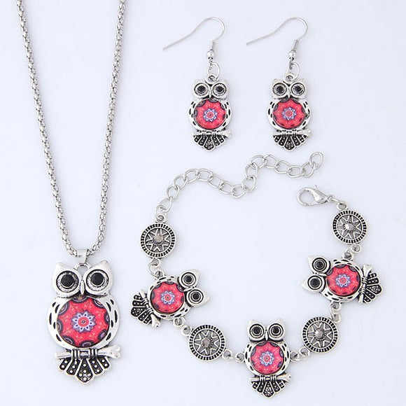 N856 Silver & Pink Gem Owl Necklace with FREE Earrings & FREE Bracelet - Iris Fashion Jewelry