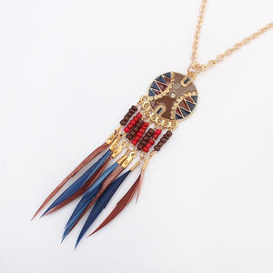 N1121 Teal & Burgundy Tribal Baked Enamel Bead & Feather Tassel Necklace with FREE Earrings - Iris Fashion Jewelry