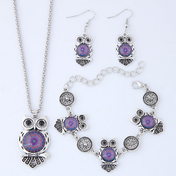 N857 Silver & Purple Gem Owl Necklace with FREE Earrings & FREE Bracelet - Iris Fashion Jewelry