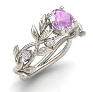 R349 Silver Vine & Leaf Pink Gem Ring - Iris Fashion Jewelry