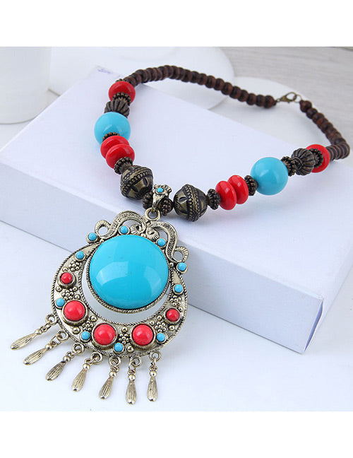N1097 Wood Bead Large Blue Gem & Multi Bead Tassel Necklace with FREE Earrings - Iris Fashion Jewelry