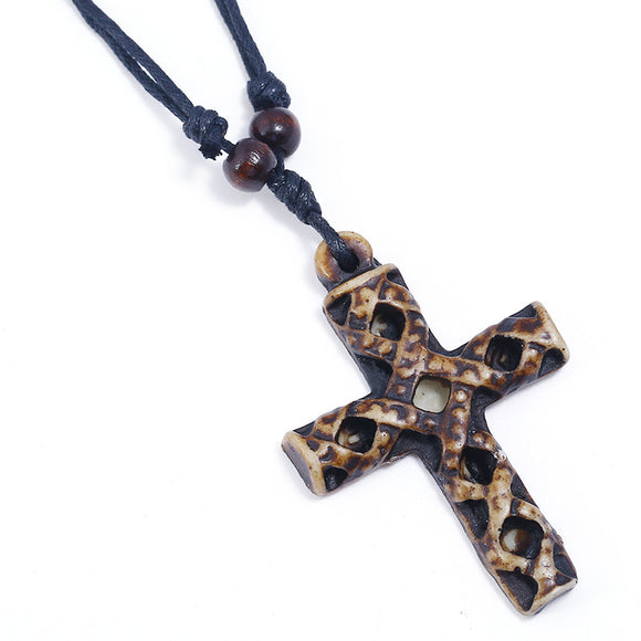 N1087 Brown Weave Pattern Cross Leather Cord Necklace - Iris Fashion Jewelry