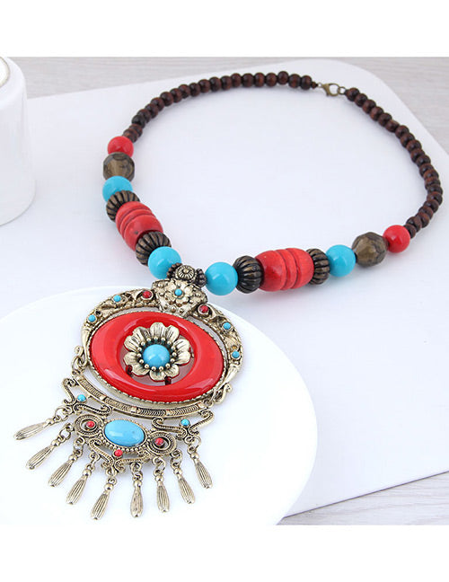 N1094 Wood Bead Red Oval & Multi Bead Tassel Necklace with FREE Earrings - Iris Fashion Jewelry