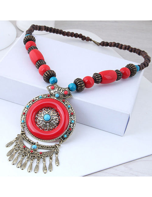 N1096 Wood Bead Red Ring & Multi Bead Tassel Necklace with FREE Earrings - Iris Fashion Jewelry