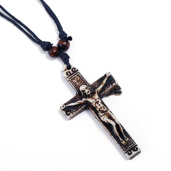 N1086 Brown Jesus Cross Leather Cord Necklace - Iris Fashion Jewelry