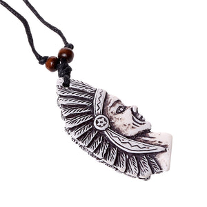 N1076 Ivory Native American Head Leather Cord Necklace - Iris Fashion Jewelry