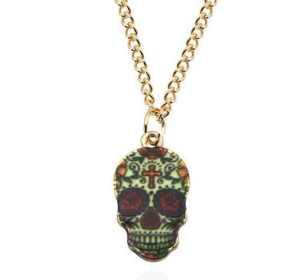 N1044 Gold Chain Small Metal Cross Pattern Sugar Skull Necklace with FREE Earrings - Iris Fashion Jewelry