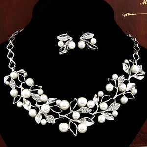N1064 Silver Gems & Pearls Branch & Leaves Necklace with FREE Earrings - Iris Fashion Jewelry