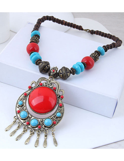 N1098 Wood Bead Large Red Gem & Multi Bead Tassel Necklace with FREE Earrings - Iris Fashion Jewelry