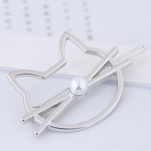 H159 Silver Cat with Pearl Hair Clip - Iris Fashion Jewelry