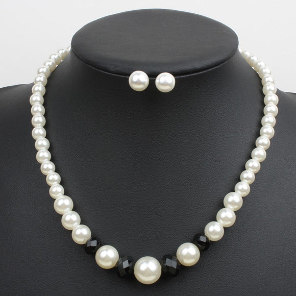 N248 White Pearls with Black Beads Necklace With FREE Earrings - Iris Fashion Jewelry