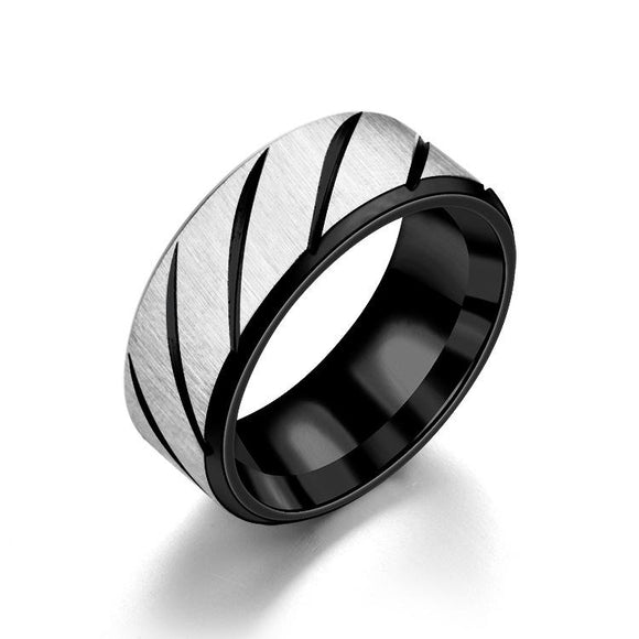 R406 Black with Silver Stripe Pattern Stainless Steel Ring - Iris Fashion Jewelry