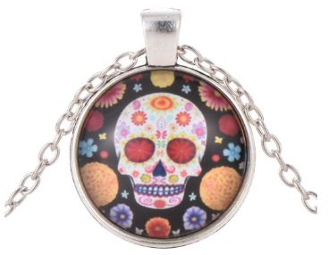 N1208 Silver Flower Power Sugar Skull Necklace with FREE Earrings - Iris Fashion Jewelry