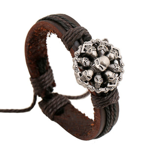 B634 Silver Biker Skull Brown Leather Bracelet - Iris Fashion Jewelry