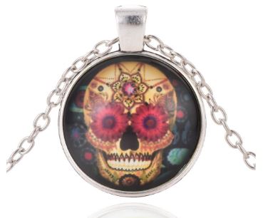 N1217 Silver Red Eyes Sugar Skull Necklace with FREE Earrings - Iris Fashion Jewelry