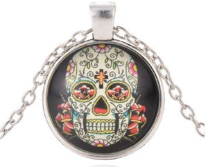 N1216 Silver Vine Head Sugar Skull Necklace with FREE Earrings - Iris Fashion Jewelry