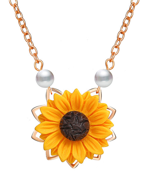 N1247 Rose Gold Sunflower & Pearls Necklace with Free Earrings - Iris Fashion Jewelry
