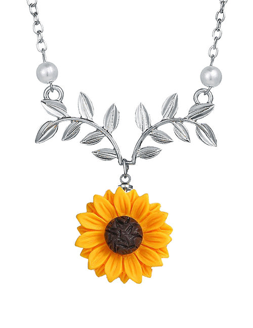 N1033 Silver Sunflower Leaf & Pearls Necklace with Free Earrings - Iris Fashion Jewelry