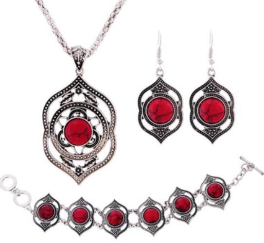 N866 Silver with Red Gem Necklace with FREE Earrings & FREE Bracelet - Iris Fashion Jewelry