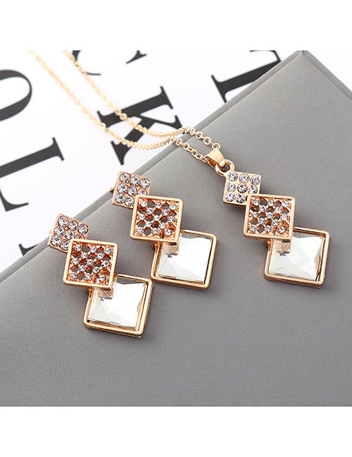N102 Crystal Triple Square Necklace with FREE Earrings - Iris Fashion Jewelry
