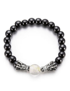 *B364 Black Bead Silver Wolf Head Stretch Bracelet - Iris Fashion Jewelry