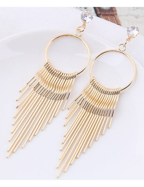 E59 Large Gold Tassel with Diamond Dangle Earrings - Iris Fashion Jewelry
