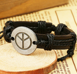 B560 Silver Peace Sign Black Cord Leather Bracelet - Iris Fashion Jewelry