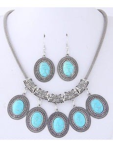 +N184 Blue Oval Design Necklace With FREE Earrings - Iris Fashion Jewelry