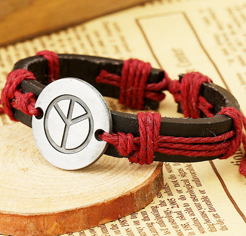 B559 Silver Peace Sign Red Cord Leather Bracelet - Iris Fashion Jewelry