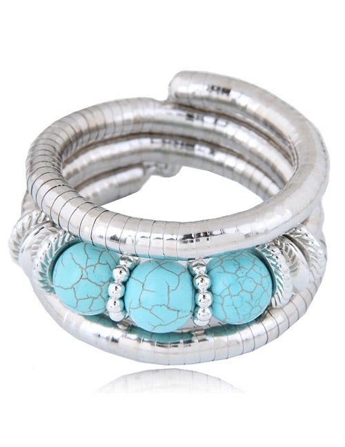 B176 Turquoise & Silver 3 Bead Crackle Bracelet - Iris Fashion Jewelry