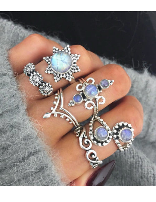 RS11 Silver Color Assorted 6 pc. Geometric Shape Ring Set - Iris Fashion Jewelry
