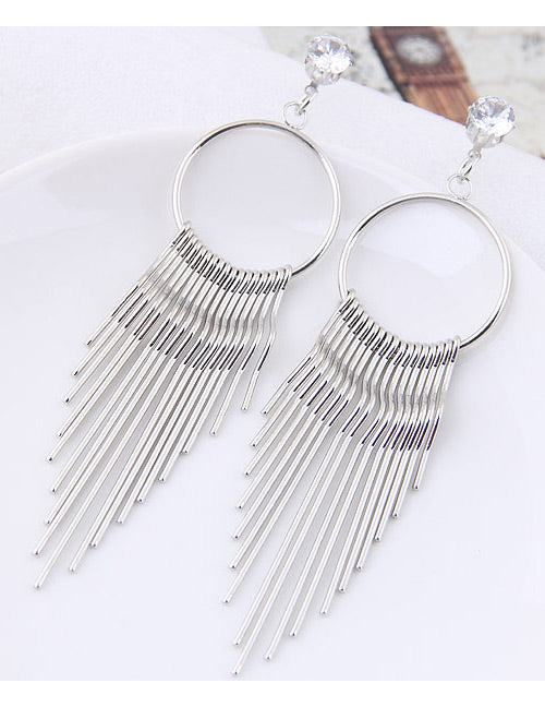 E58 Large Silver Tassel with Diamond Dangle Earrings - Iris Fashion Jewelry