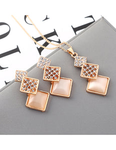 N107 Tan Moonstone Triple Square Necklace with FREE Earrings - Iris Fashion Jewelry