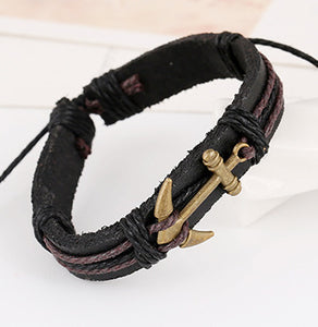 *B497 Black with Gold Anchor Leather Bracelet - Iris Fashion Jewelry