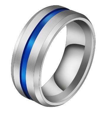 R412 Silver with Blue Stripe Titanium & Stainless Steel Ring - Iris Fashion Jewelry
