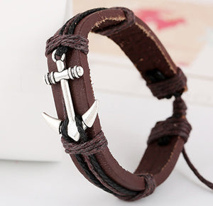 *B498 Brown with Silver Anchor Leather Bracelet - Iris Fashion Jewelry