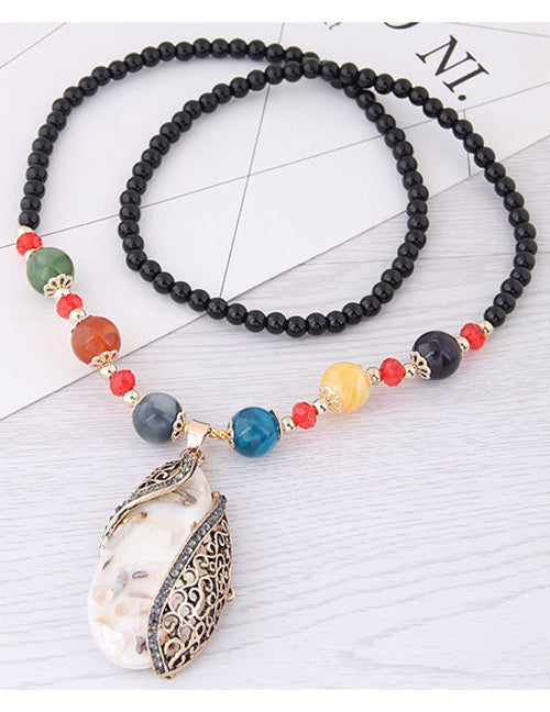 N1022 Multi Color Bead with White Seashell Filled Gem Necklace with FREE Earrings - Iris Fashion Jewelry