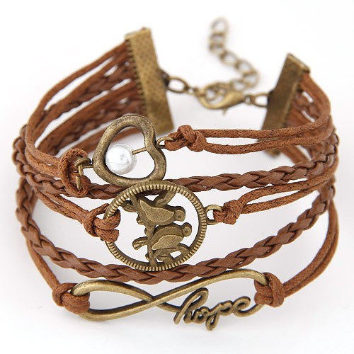 B443 Brown Love Birds Heart & Hope Multi Layer Bracelet - Iris Fashion Jewelry
