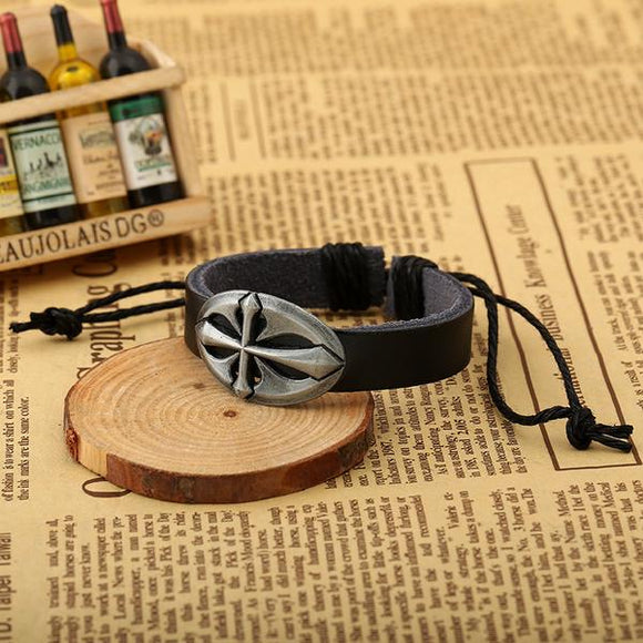 *B524 Silver Cross in Oval Black Leather Bracelet - Iris Fashion Jewelry