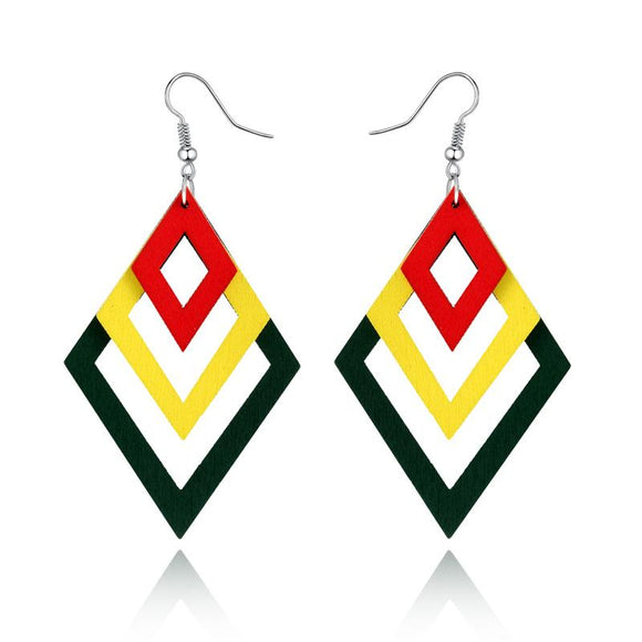 E874 Large Wooden Yellow-Red-Green Diamond Design Earrings - Iris Fashion Jewelry
