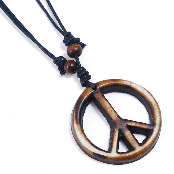 N835 Distressed Look Peace Sign Leather Cord Necklace - Iris Fashion Jewelry