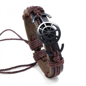 B460 Brown Leather Ship Wheel Bracelet - Iris Fashion Jewelry